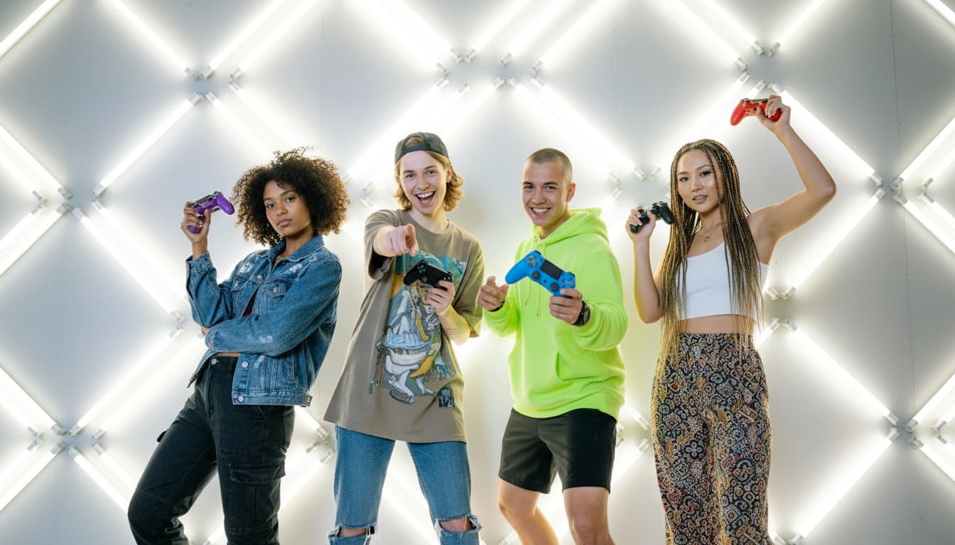 Four diverse friends posing confidently with game controllers against a modern LED backdrop.