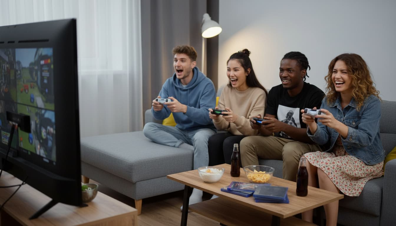 Group of diverse friends having fun playing video games in a relaxed indoor setting.
