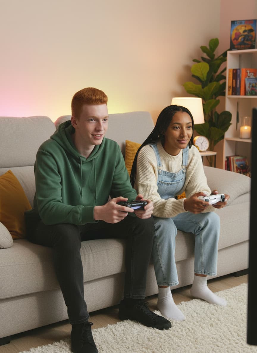 Teenagers relaxing and playing video games on a cozy sofa setup indoors.
